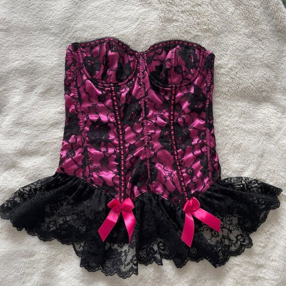 Frederick's of Hollywood | Black & fuchsia pink lace corset with bows | Size 34 - Picture 2 of 8